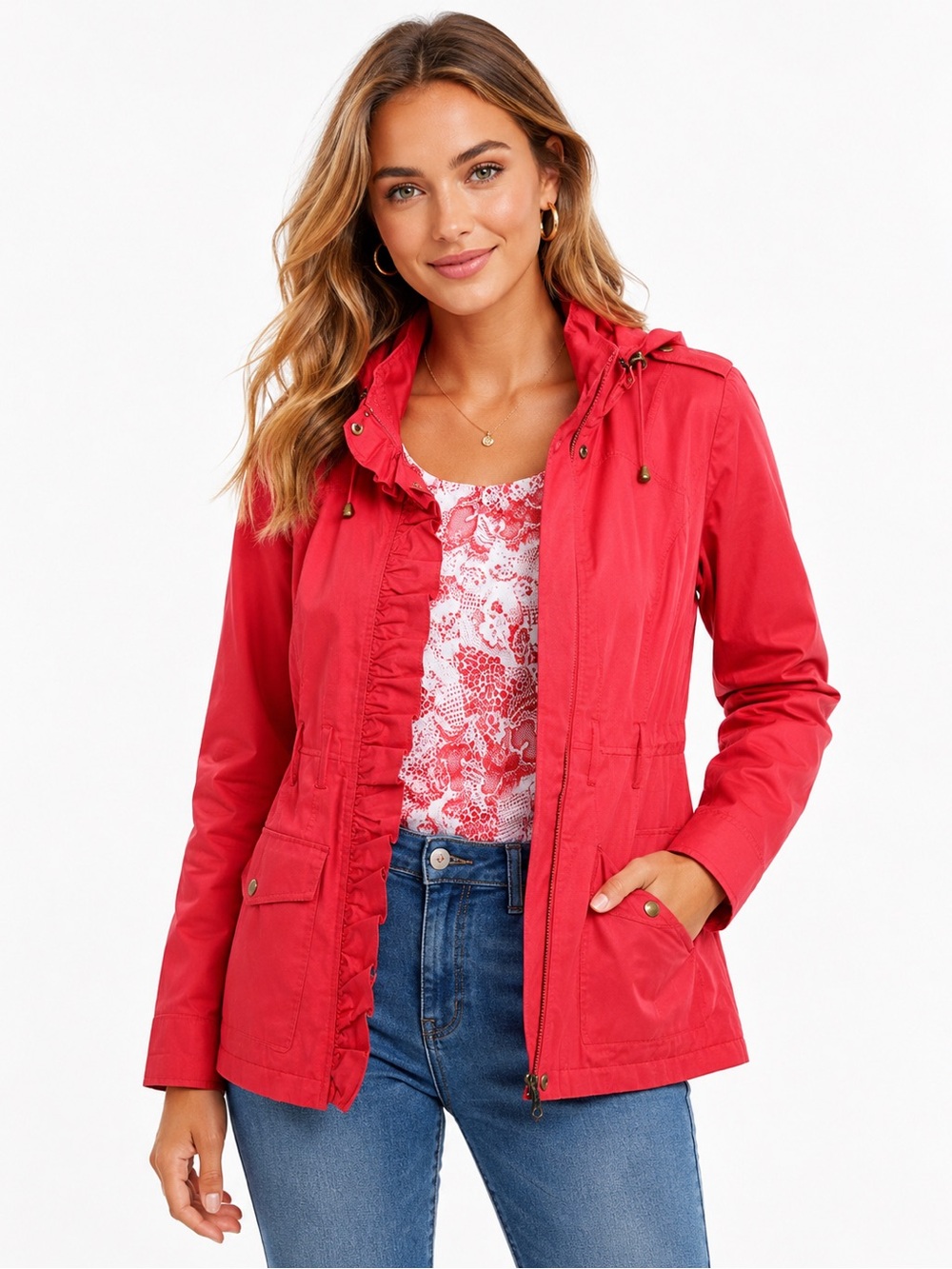 Vintage Guess Size Medium Women's Red Ruffle Full Zip Jacket with Hood